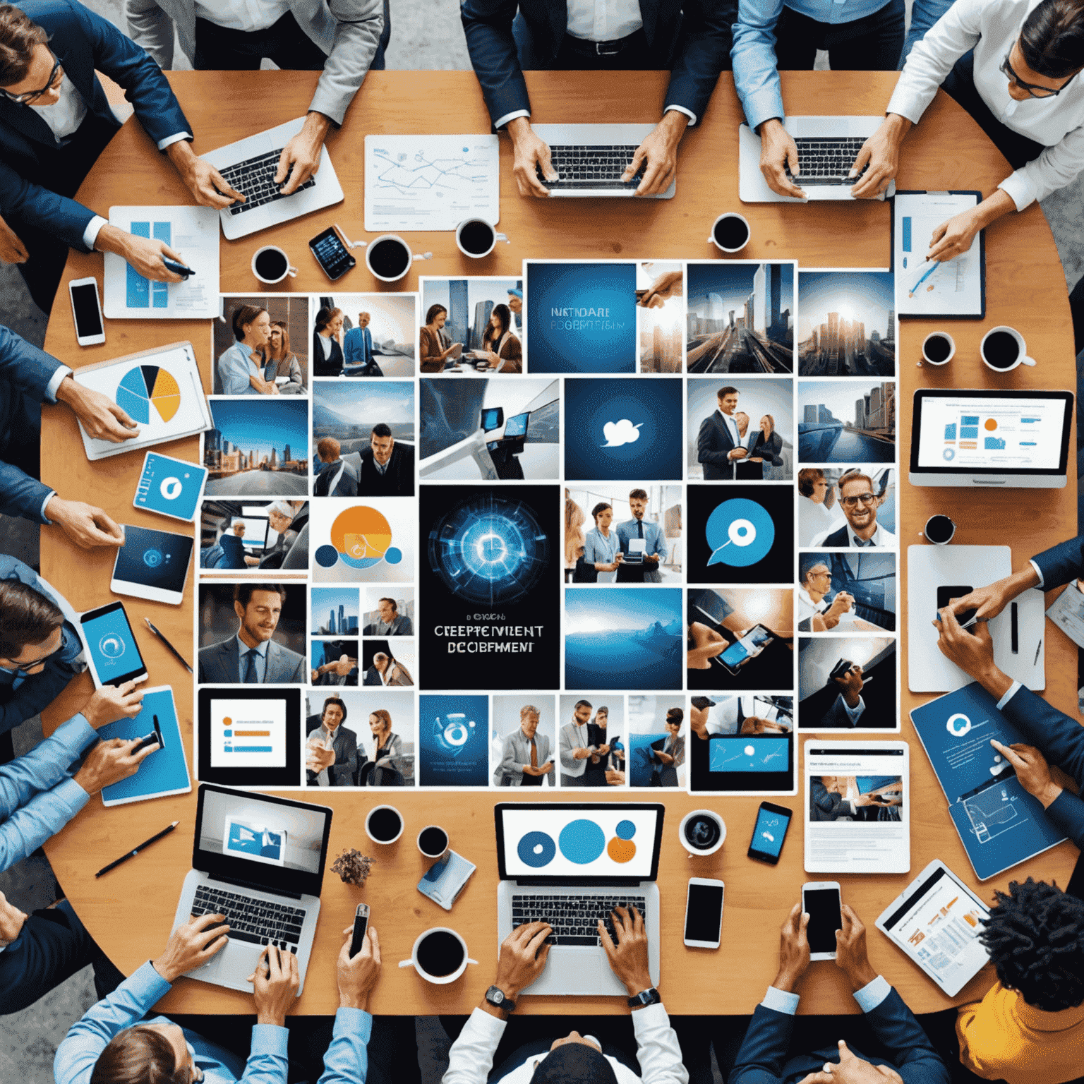 A collage of images representing technology, business, and career development opportunities, with people collaborating and using modern devices