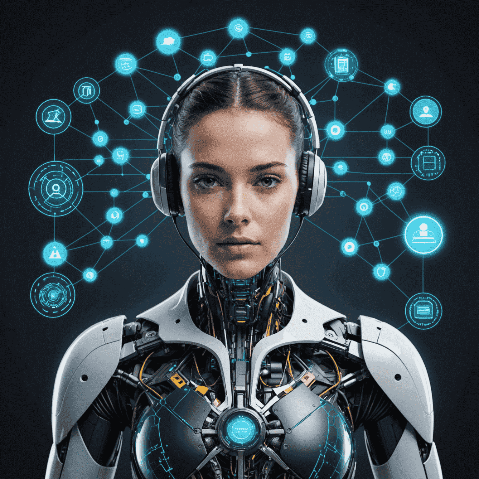 A visual representation of artificial intelligence technology being used in various business operations, such as customer service, supply chain management, and data analysis.