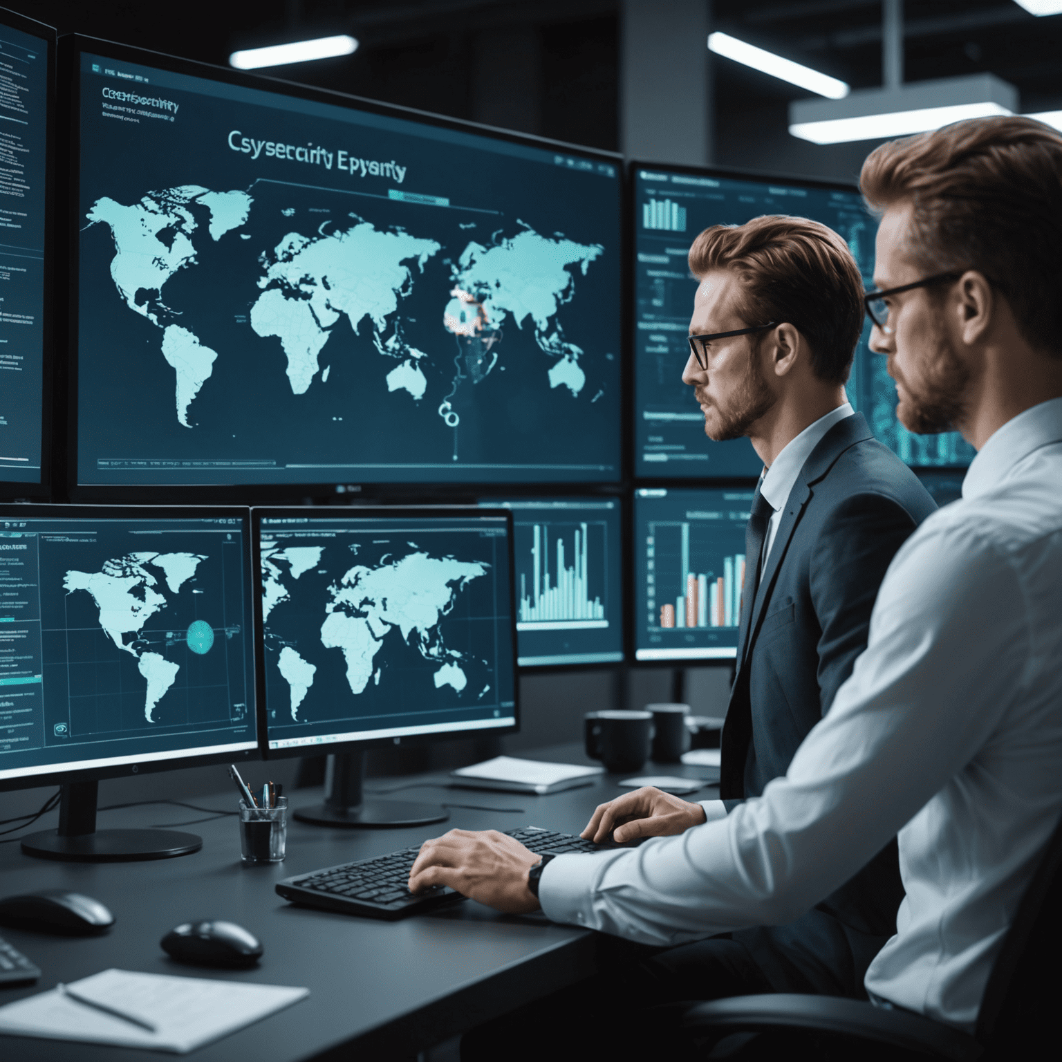 Cybersecurity experts analyzing potential digital threats on a computer screen with data visualizations